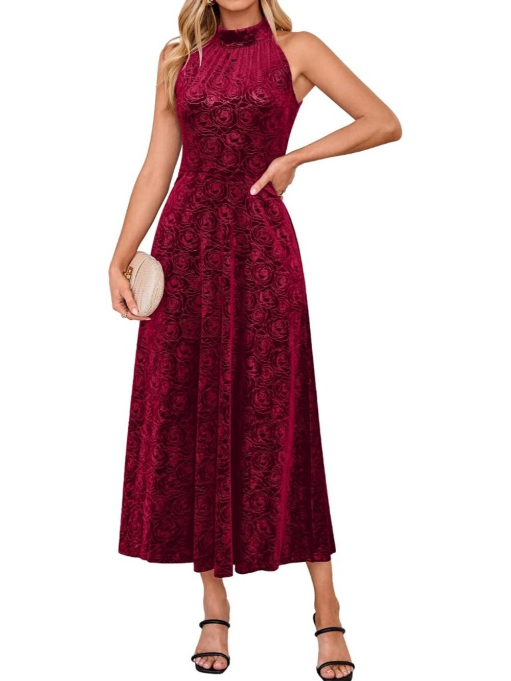 Women's Burgundy  Velvet Halter Floral Aline Sleeveless Wedding Maxi Dresses